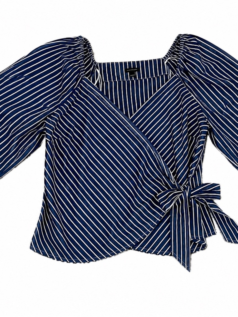 Ann Taylor Navy & White Striped Wrap Blouse with Puff Sleeves